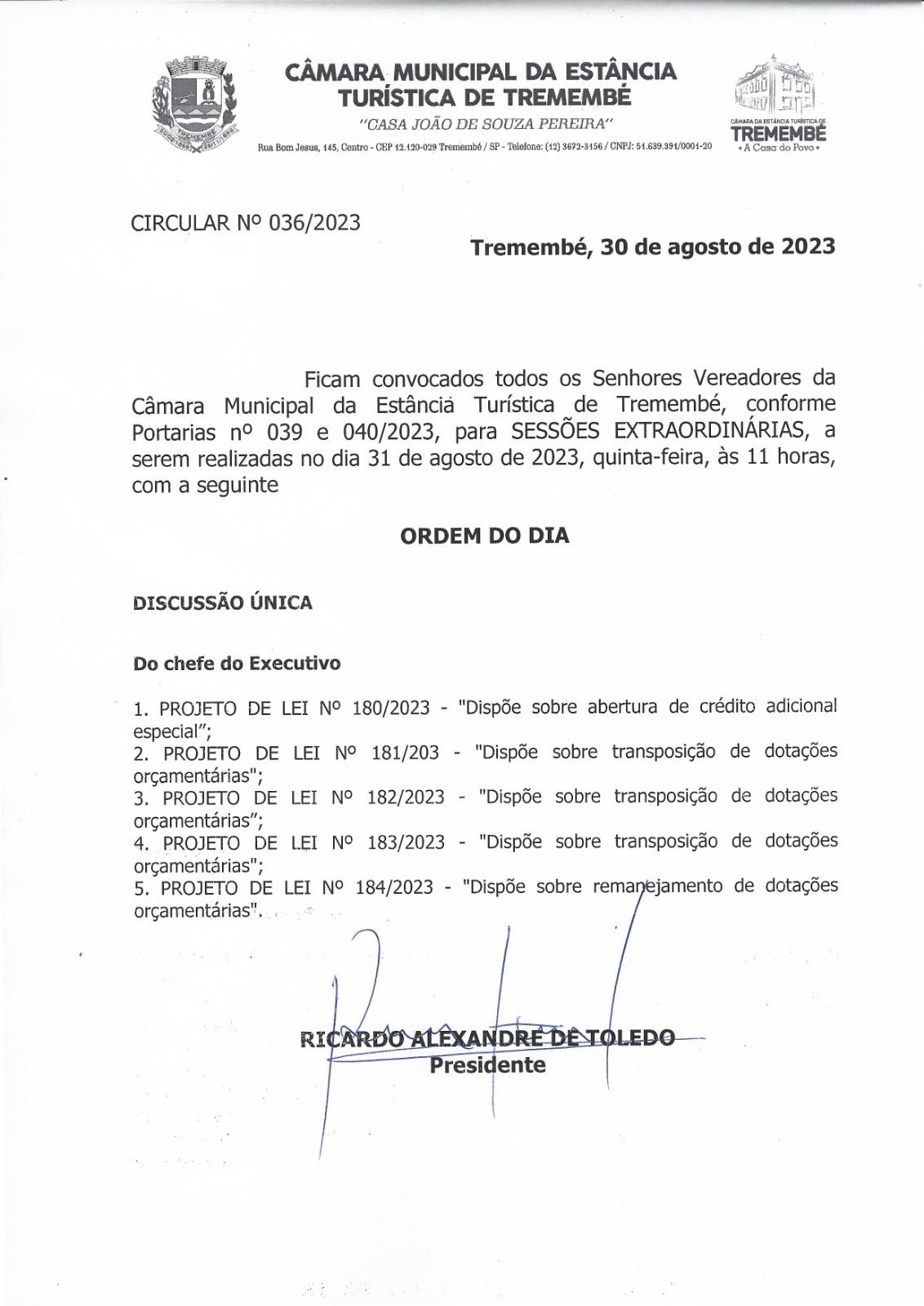 Pauta das 47ª e 48ª Sessões Extraordinárias - 31/08/2023