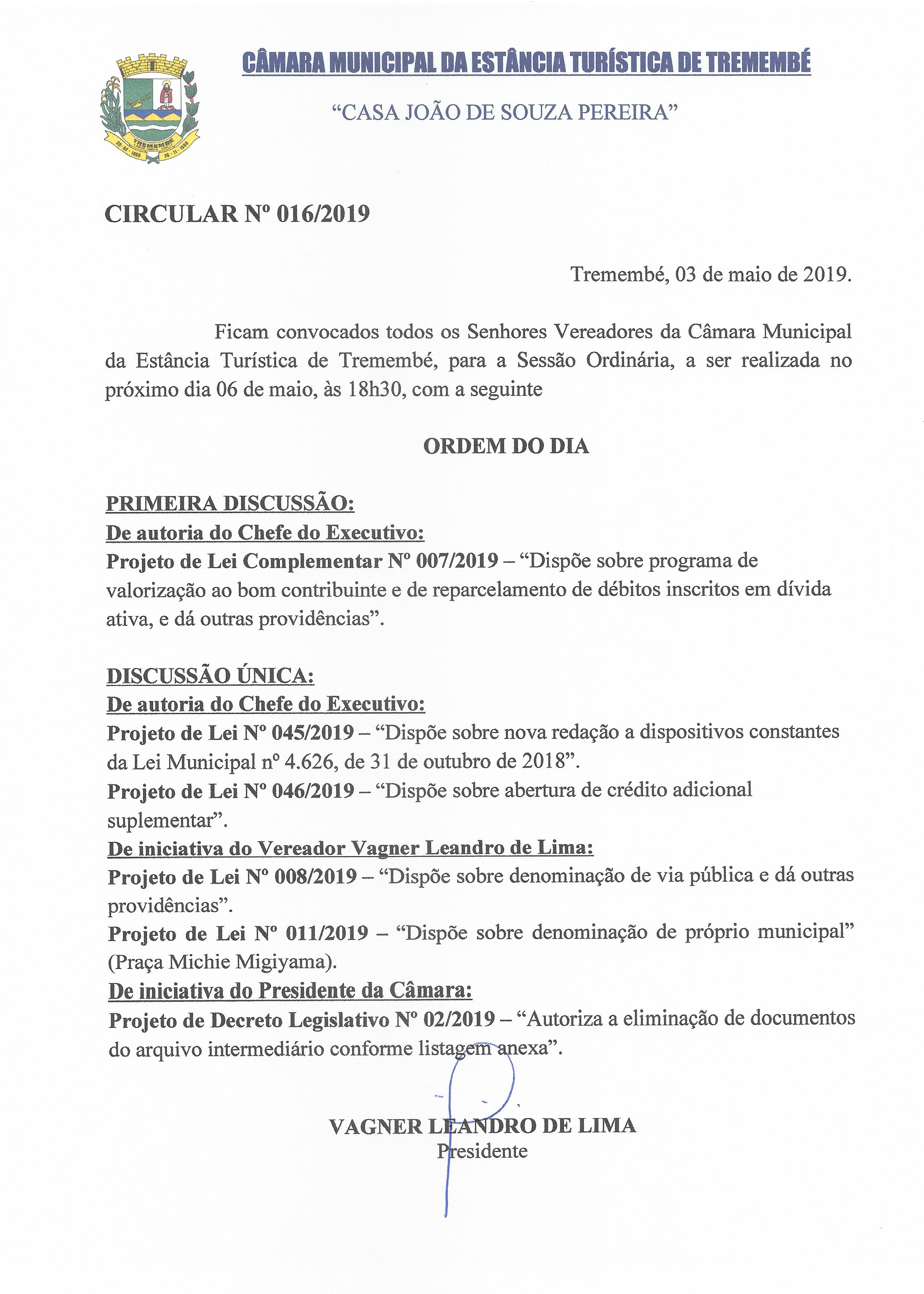 Pauta de 95ª Sessão Ordinária - 06/05/2019