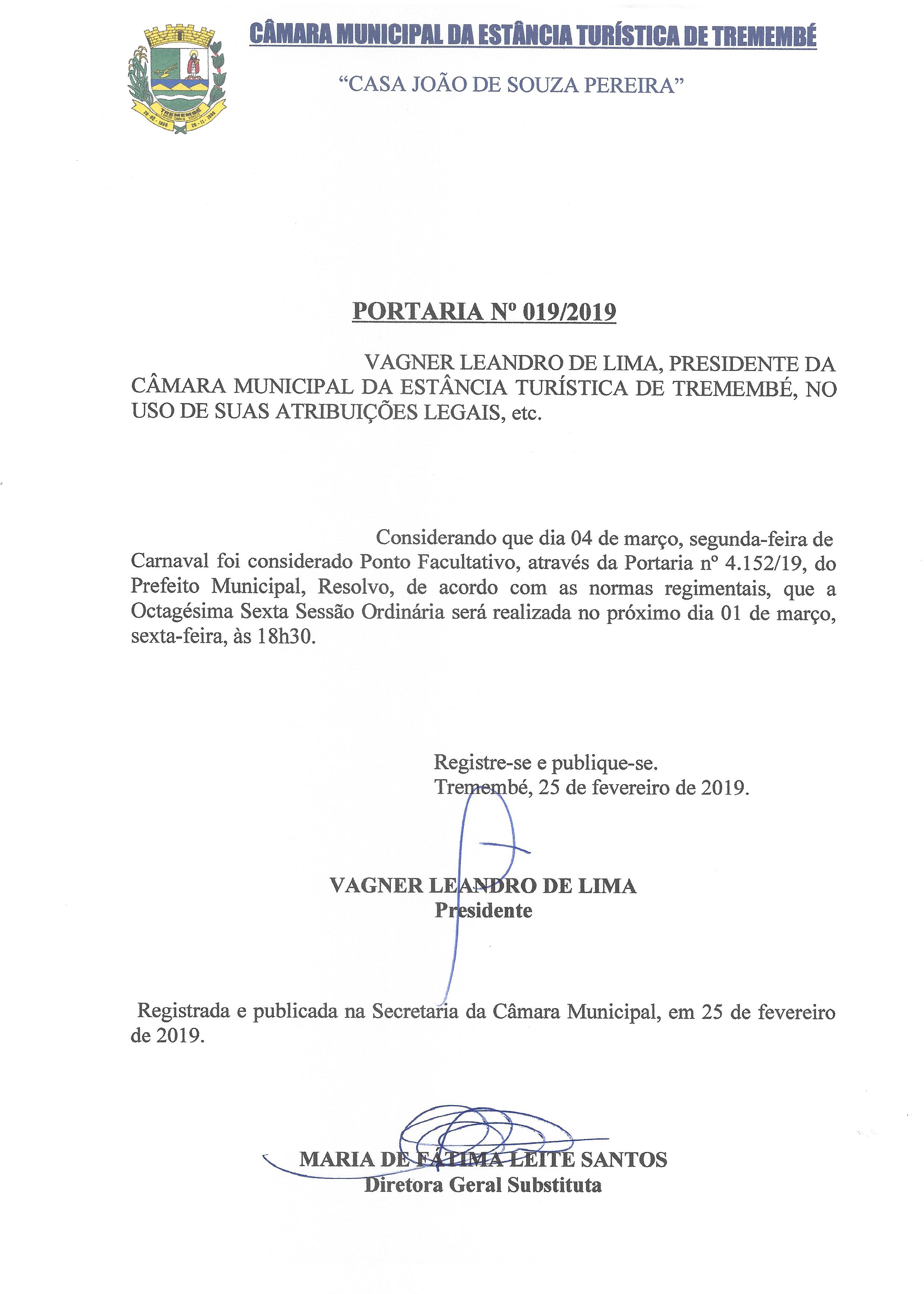 Portaria n° 019-2019 - 86° Sessão Ordinária