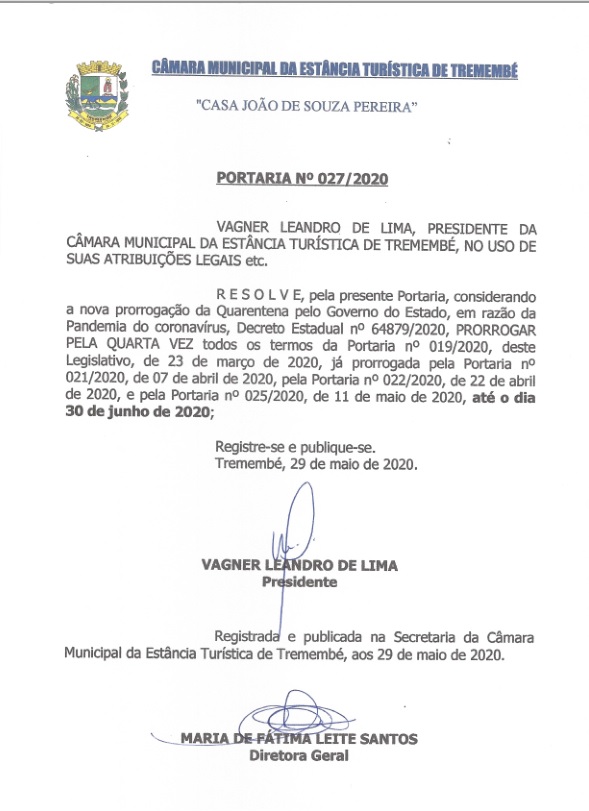 Portaria n° 027-2020 - Prorrogação do regime de plantão da Câmara Municipal