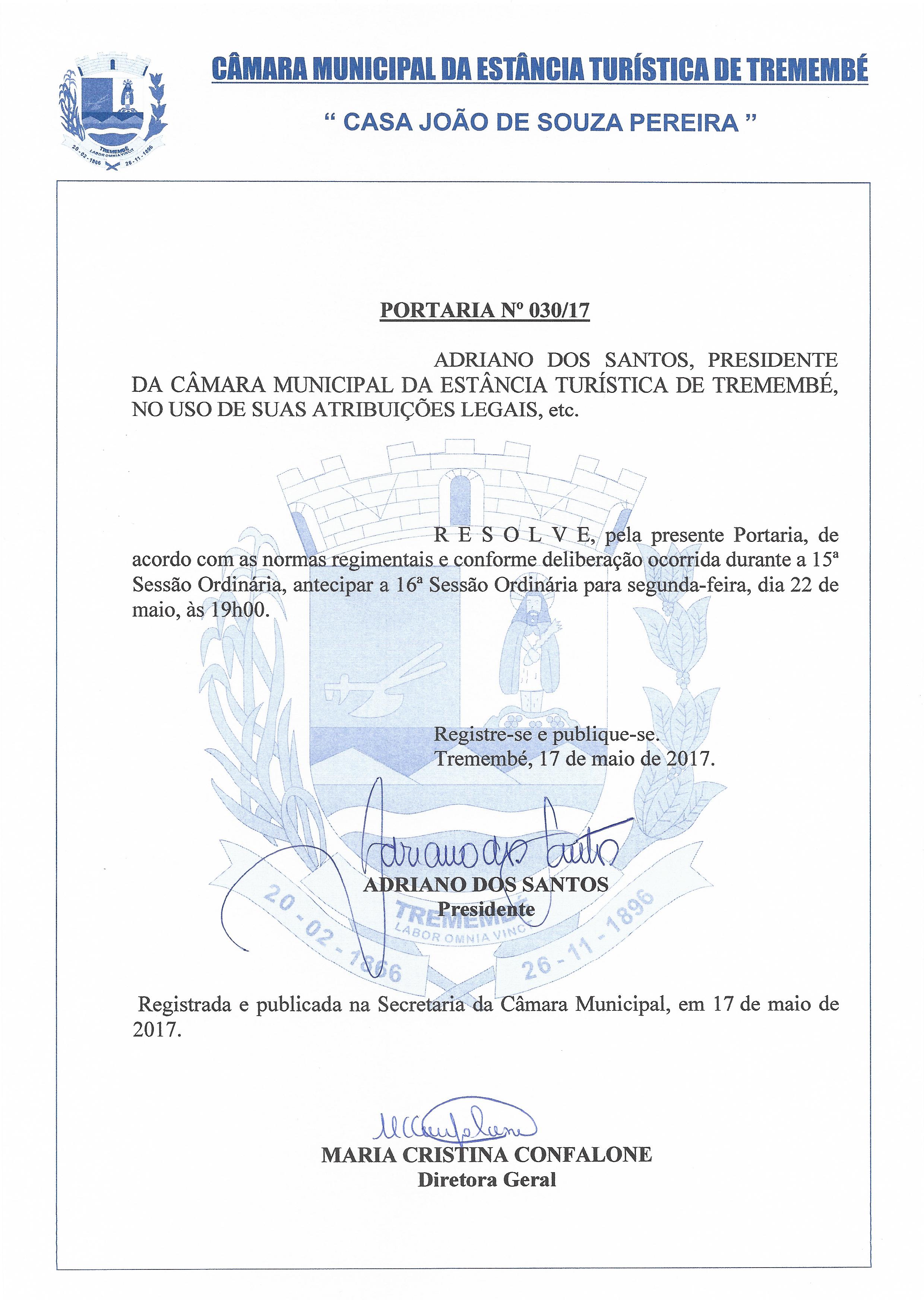 Portaria N° 030-2017 - Altera dia e horário da 16° Sessão Ordinária