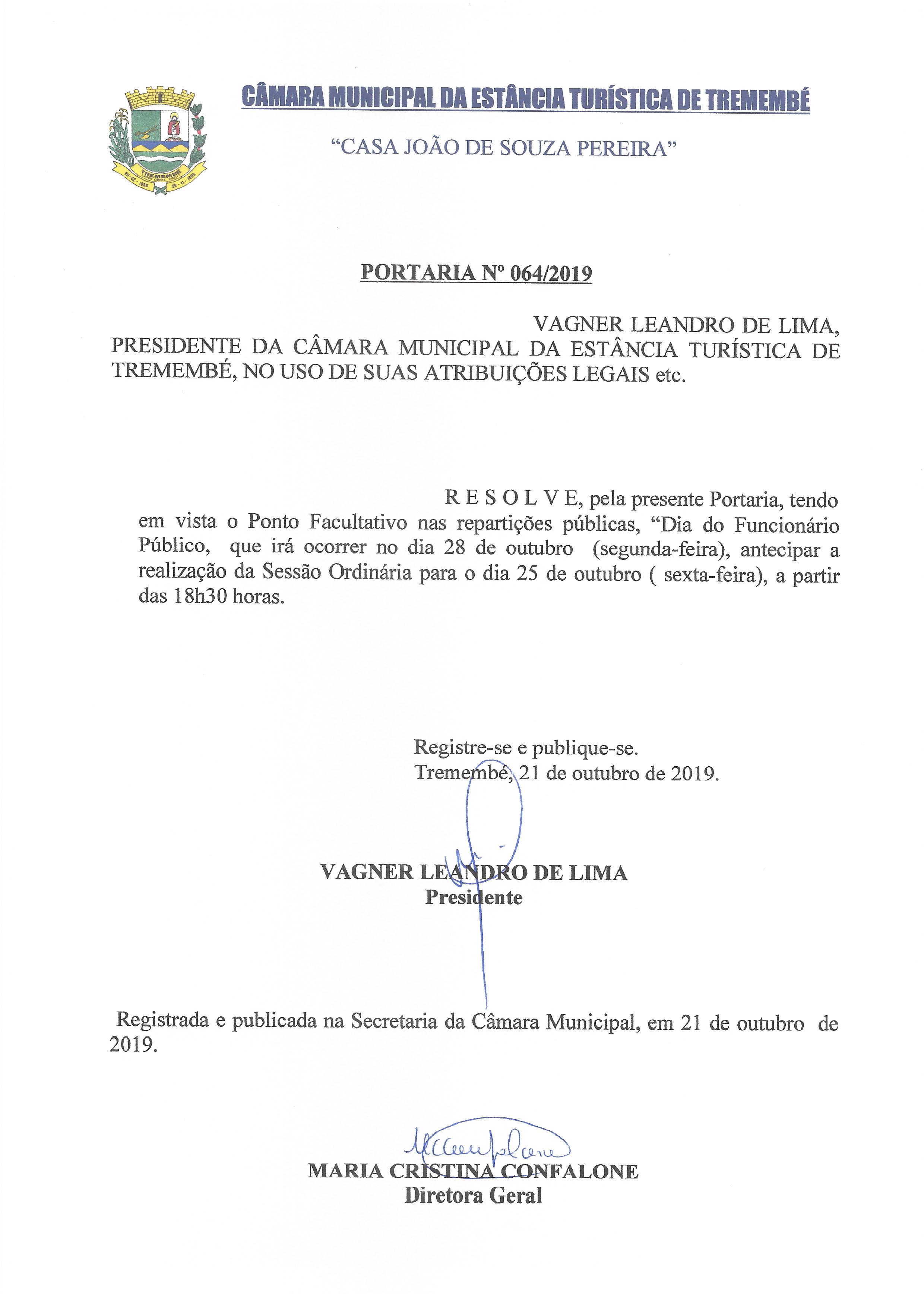 Portaria n° 064-2019 - Antecipação Sessão Ordinária