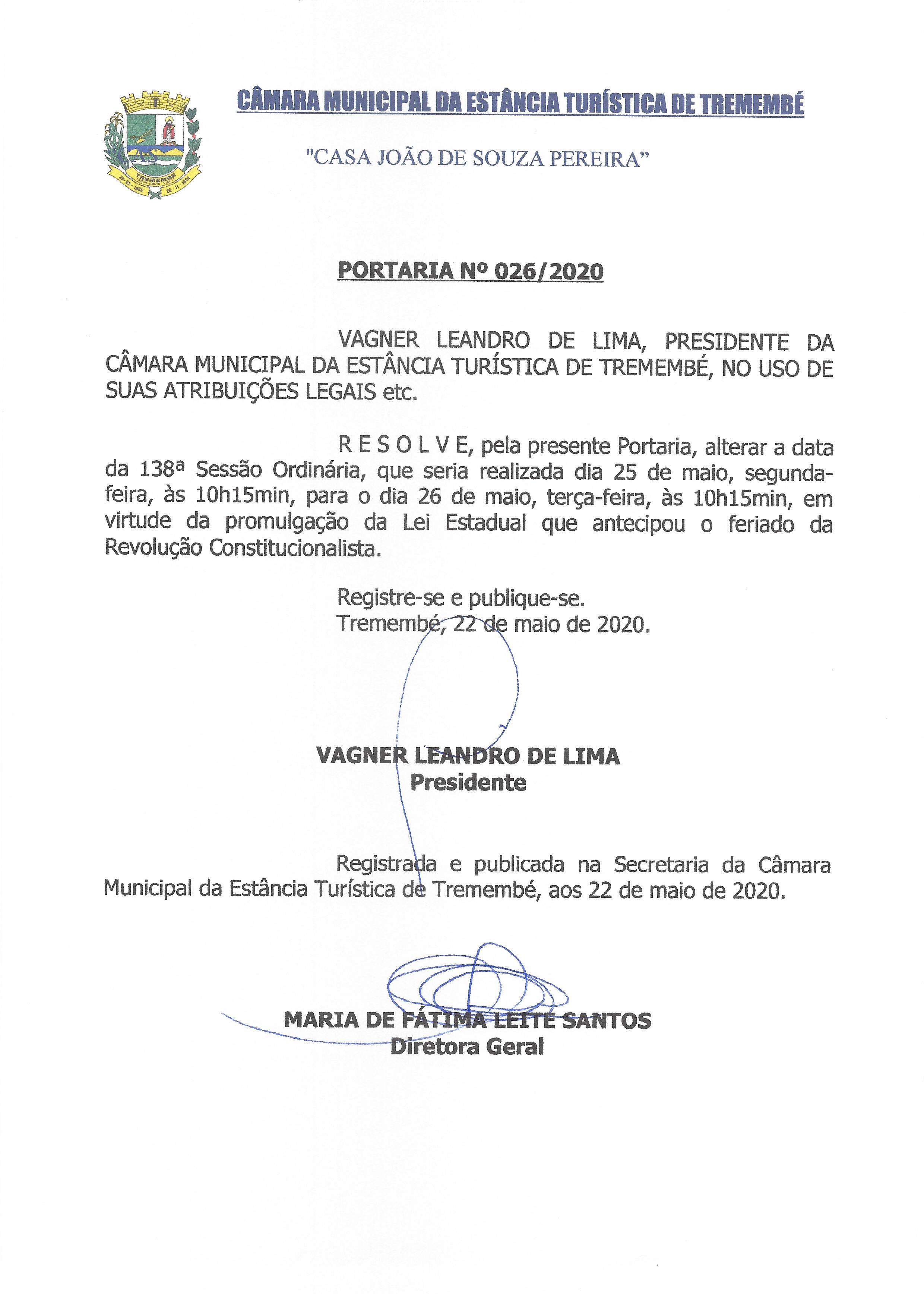 Portaria nº 026/2020 - Altera data da 138ª Sessão Ordinária