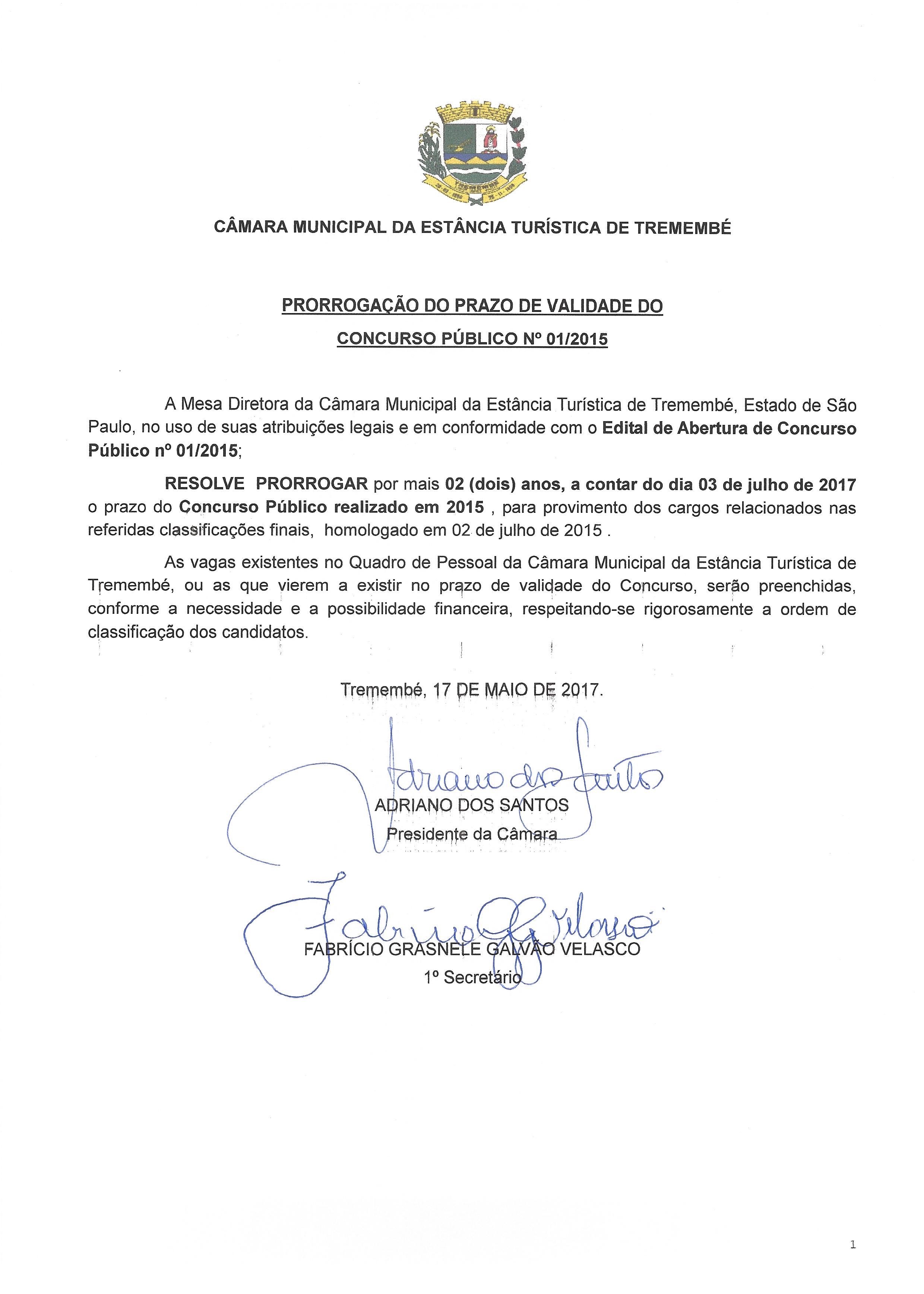 PRORROGAÇÃO VALIDADE CONCURSO PÚBLICO N° 01-2015