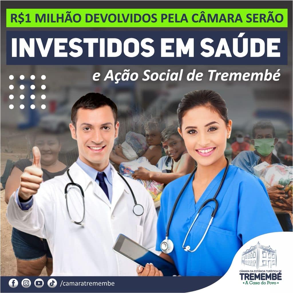 R$1 milhão de reais devolvidos pela Câmara serão investidos em saúde e ação social