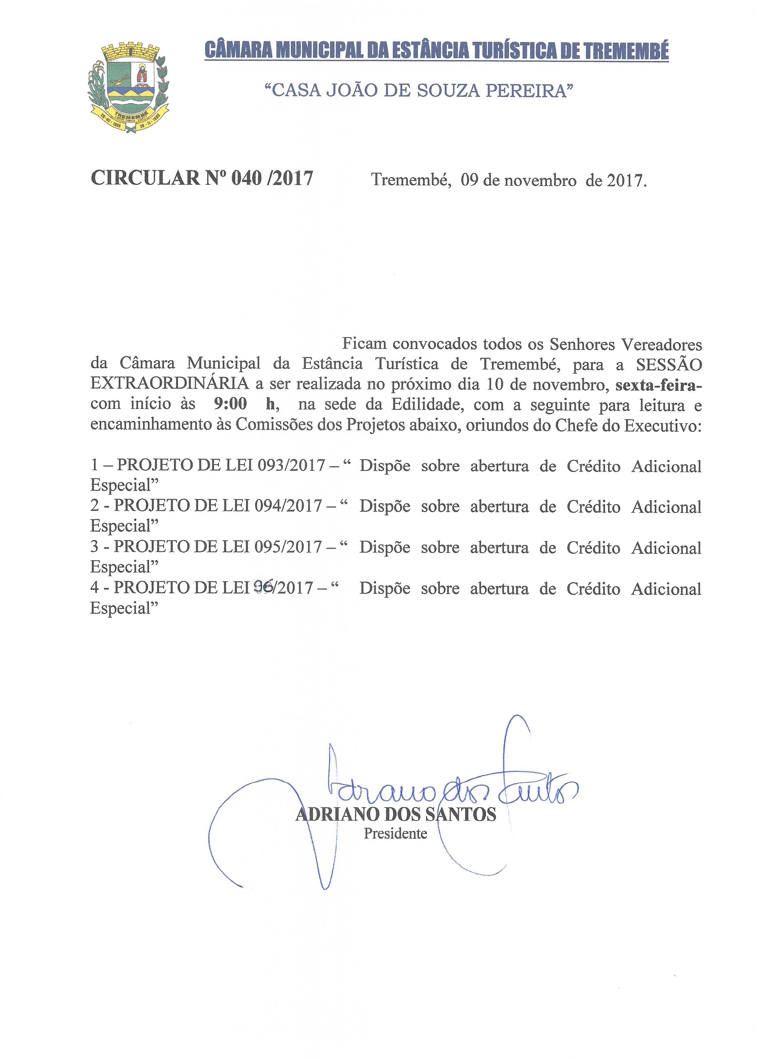PAUTA DA SESSÃO EXTRAORDINÁRIA - 10-11-2017