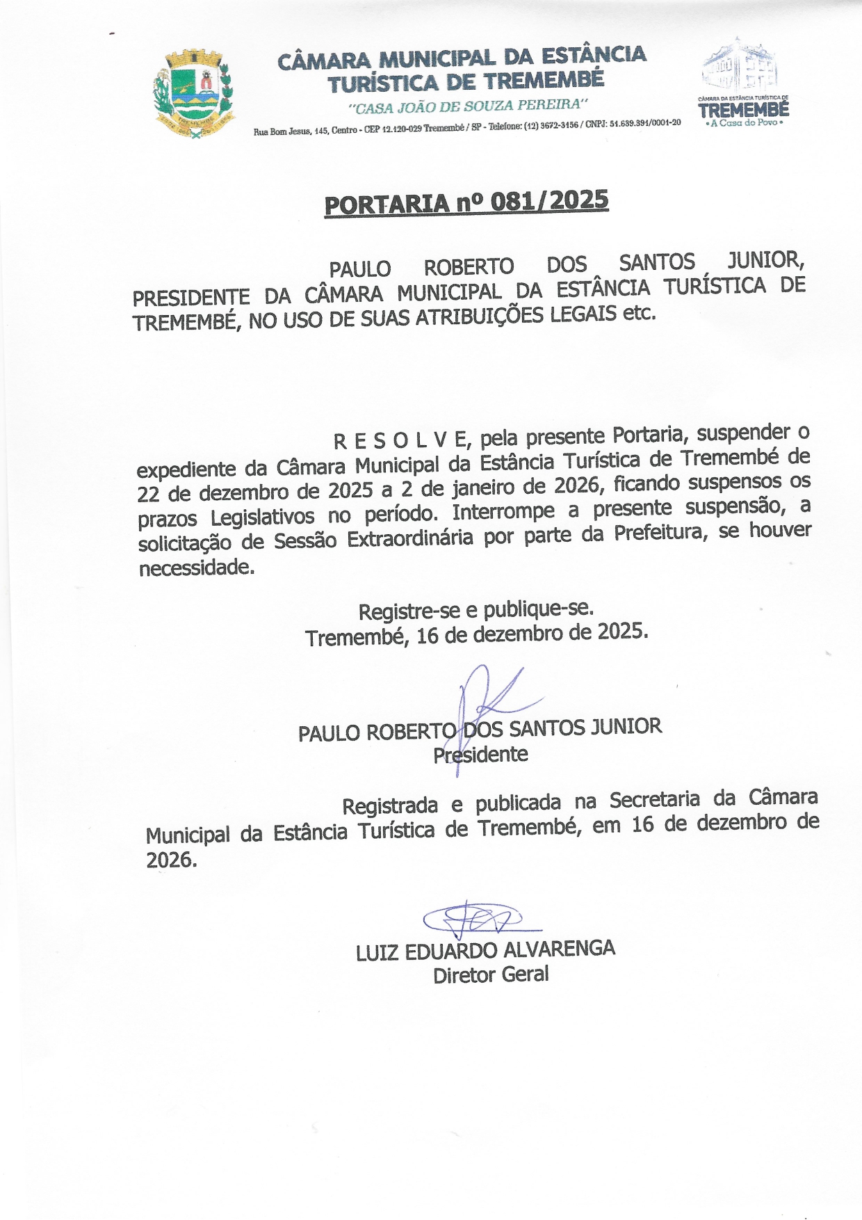 SUSPENSÃO DO EXPEDIENTE DA CÂMARA