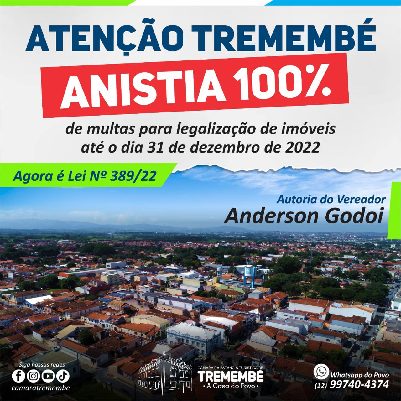 Lei de autoria do Vereador Godoi prevê 100% de anistia para a população de Tremembé