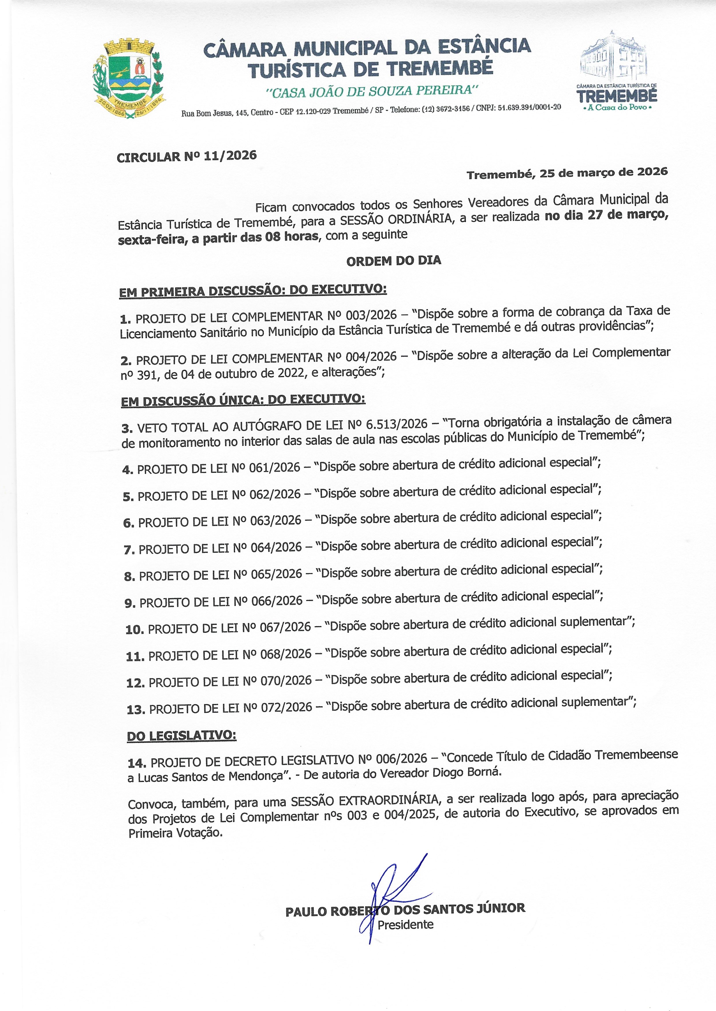 Pauta da 57ª Sessão Ordinária - 27/03/2026